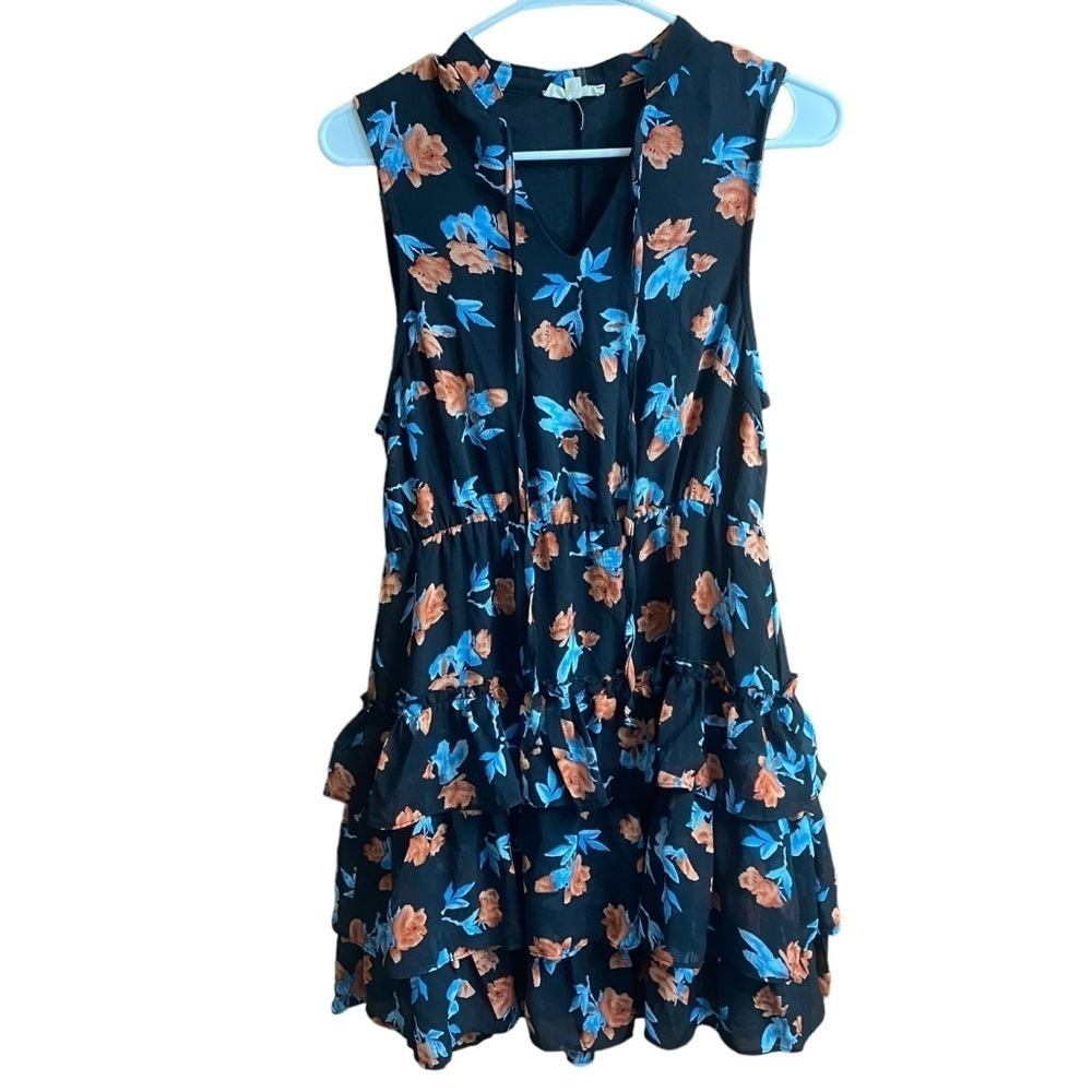 Entro Black Blue Pink Floral Prairie Boho Tiered VNeck Mini Dress Size Medium